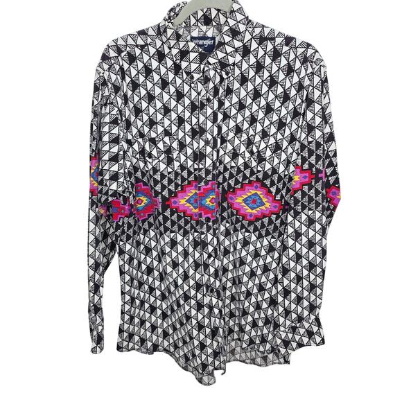 Vintage Wrangler Cowboy Cut Black & White Aztec Button Front Shirt 16 1/2- 34 - Picture 1 of 16
